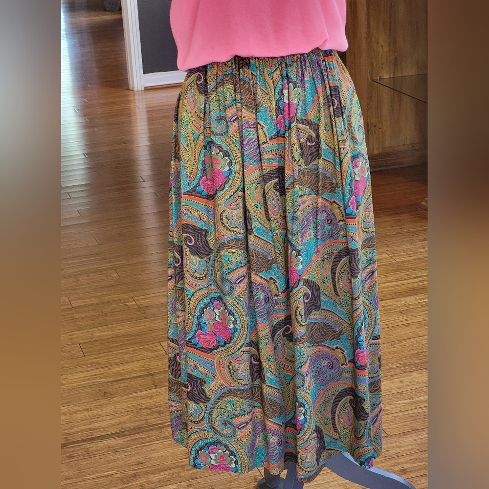 Ambitions Vintage 80s Rayon Paisley Print Maxi Skirt In Jewel Tones